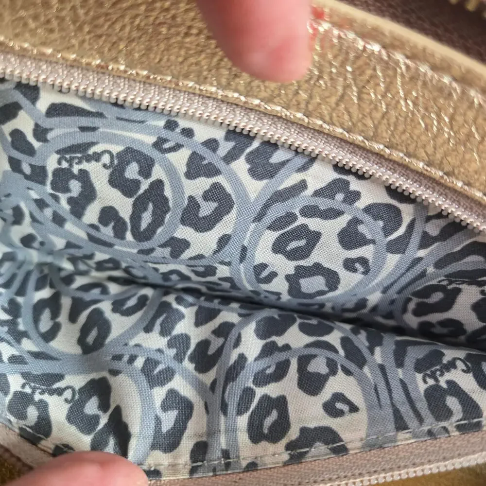 Coach Poppy Wallet Wristlet Gold Champagne Crinkle Leather Metallic Branded Zip
